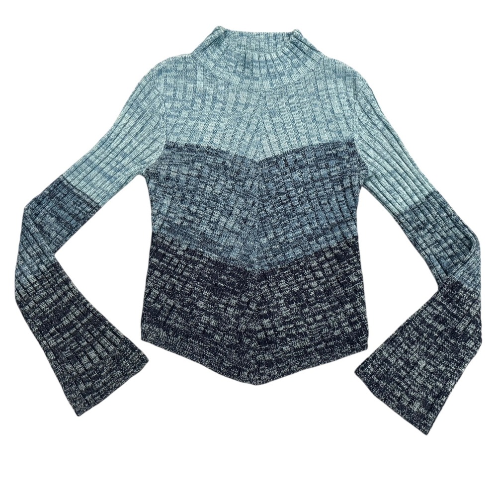 RAVE Y2K 90s Ribbed Mock Neck Bell Sleeve Stripe Sweater Blue Size S‎